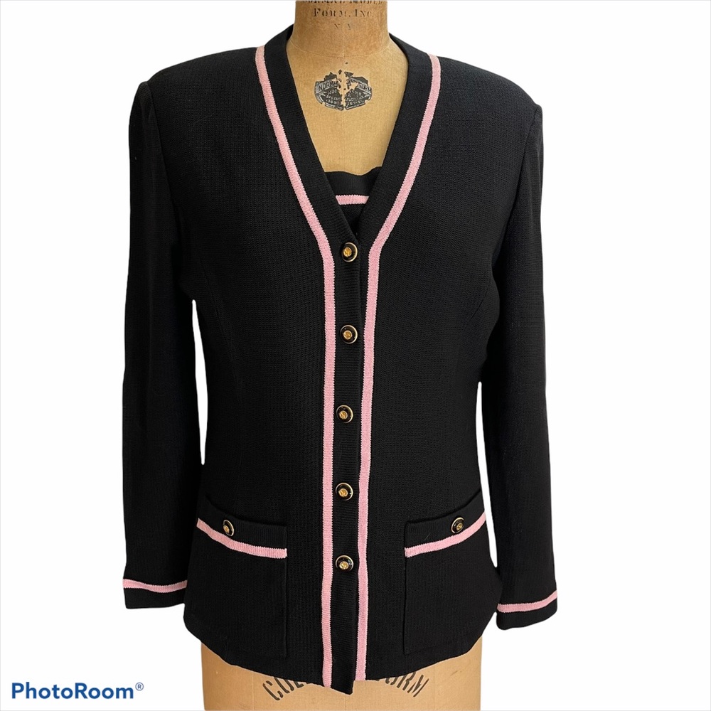 St. John Santana Twin Sweater Set Striped Knit - Black & Pink - Size S
